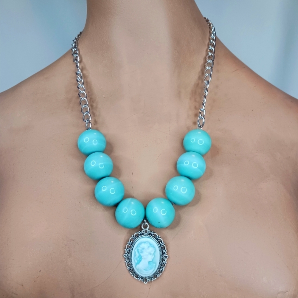 Aqua Beaded Cameo Necklace.